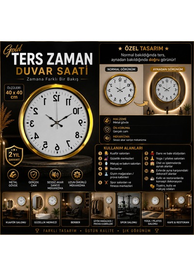 Gold Ters Zaman 40 X 40 Cm Metal Duvar Saati