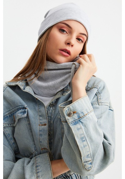 Butikgiz Kadın Balıkçı Style Pamuklu Kaşkorse Terletmez Ultra Hafif Yumuşak Bere Boyunluk Takım Melanj