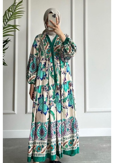 Ladies First Büyük Beden Doğal Kumaştan 9017-d02 Desenli Pamuk Elbise 001