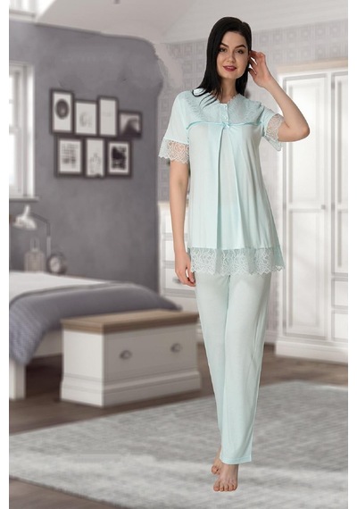 Effortt Effort Kadın Yeşil Kısa Kollu Hamile Lohusa Pijama Takımı 5042 Mavi