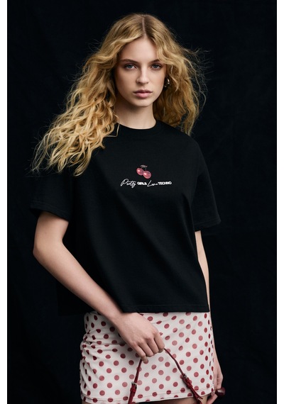 Grımelange Tılorıa Kadın Organik Pamuklu Baskılı Bisiklet Yaka Regular Fit Siyah T-shirt Siyah