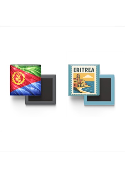 9x9 Cm Buzdolap Magnetleri - Eritre Bayrağı Ve Posta Pulu Tema - 2'li Set Magneti