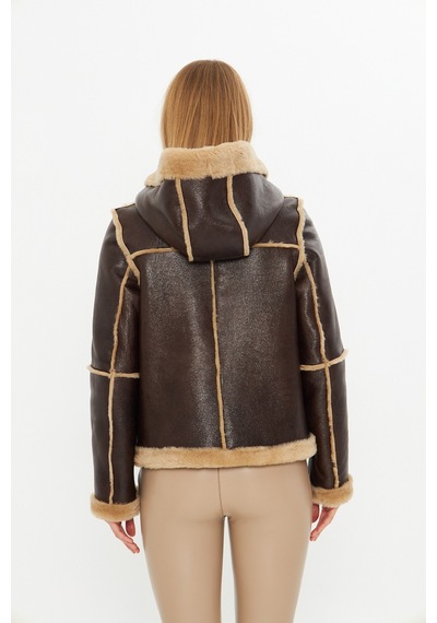 M M Marki Marki Hakiki Deri Kapüşonlu Oversize Kadın Mont - İçi Kürklü - Kahverengi 65 Cm - 115522