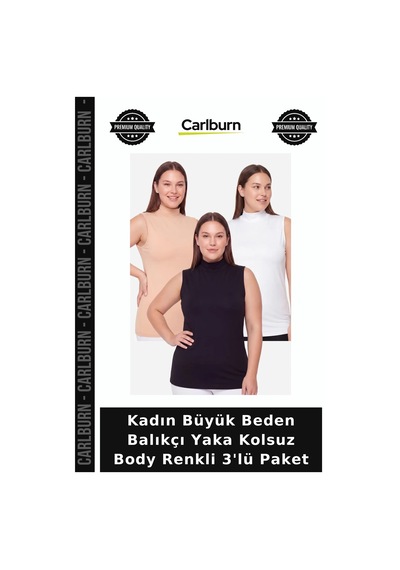 Carlburn Kadın Büyük Beden Balıkçı Yaka Kolsuz Body Renkli 3'lü Paket Günlük Tarz Ferah Kullanım Yazlık Bluz Beyaz-siyah-ten