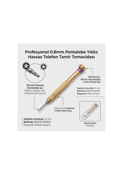 Profesyonel 0.8 Mm Pentalobe Yıldız Hassas Telefon Tamir Tornavidası Metal Kaymaz Sap 12 Cm