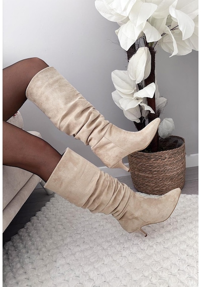 Asmi Shoes Kadın Oslo Topuklu Körüklü Şık Tarz Günlük Rahat Çizme Bej Süet Bej