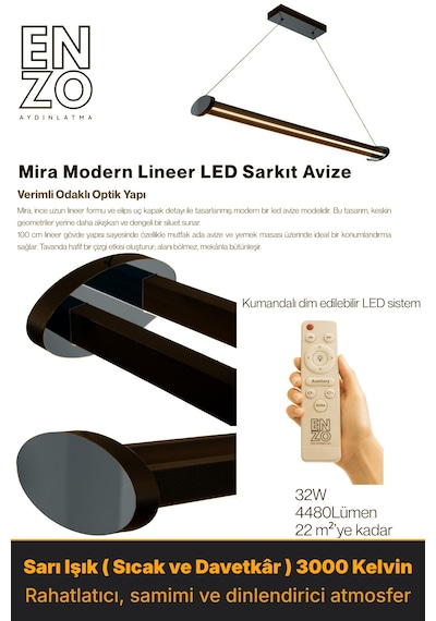 Mira Füme Lineer Led Sarkıt Avize Kumandalı Dim Edilebilir Aşağı Işık Sarı Işık