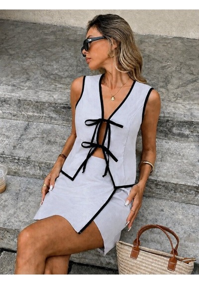 Veraura Lifestyle Kadın Askılı Önü Bağcıklı Bluz Ve Etek Ikili Takım Mavi