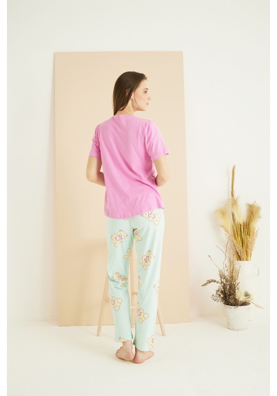 Siyah İnci Pamuklu Bisiklet Yaka Örme Pijama Takım25107156 Pembe