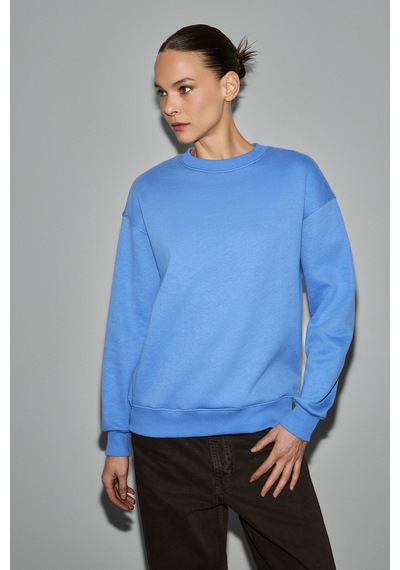 Grimelange Vaneltına Kadın Organik Pamuklu Yumuşacık İçi Polarlı Yuvarlak Yakalı Mavi Sweatshirt Mavi