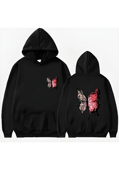 Startmore Kelebek Baskılı Kapüşonlu Sweat Siyah