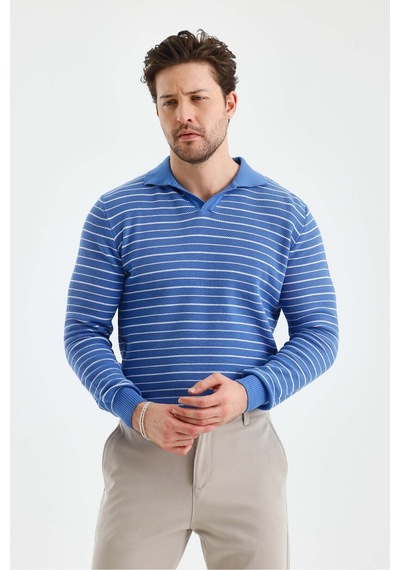 Cool Tarz Erkek Patlı Slim Fit Çizgi Detaylı Uzun Kollu Polo Yaka Triko Kazak Saks Saks