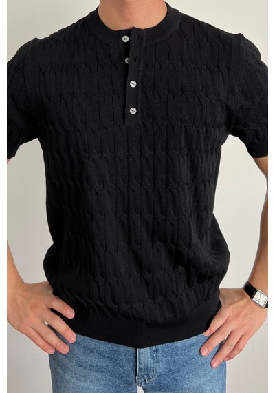 Cool Tarz Erkek Siyah Hakim Yaka Düğmeli Slim Fit Triko T-shirt Siyah Siyah