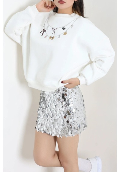 Modi Quzu Kolye Baskılı Sweatshirt Beyaz - 75367.2002. 2beyaz