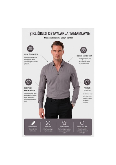 Deepsea Füme Slim Fit Kolay Ütülenebilir Açık Dik Yaka Likralı Erkek Gömlek 2602615