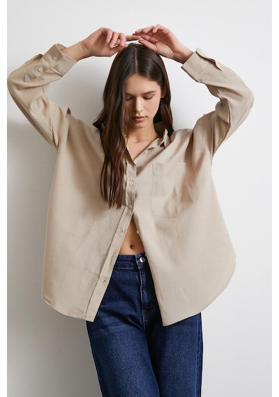 Never More Cepli Oversize Keten Gömlek Bej Bej