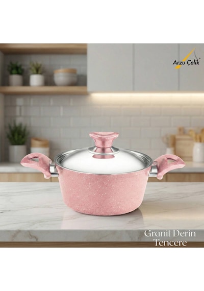 18 Cm Granit Derin Tencere Çelik Kapak - Pembe Pembe