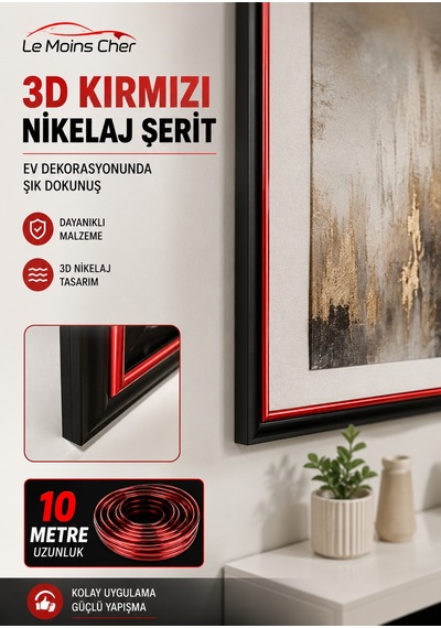 3d Kırmızı Nikelaj Şerit 10 Metre Ayna Tablo Çerçeve Dekor Şeridi