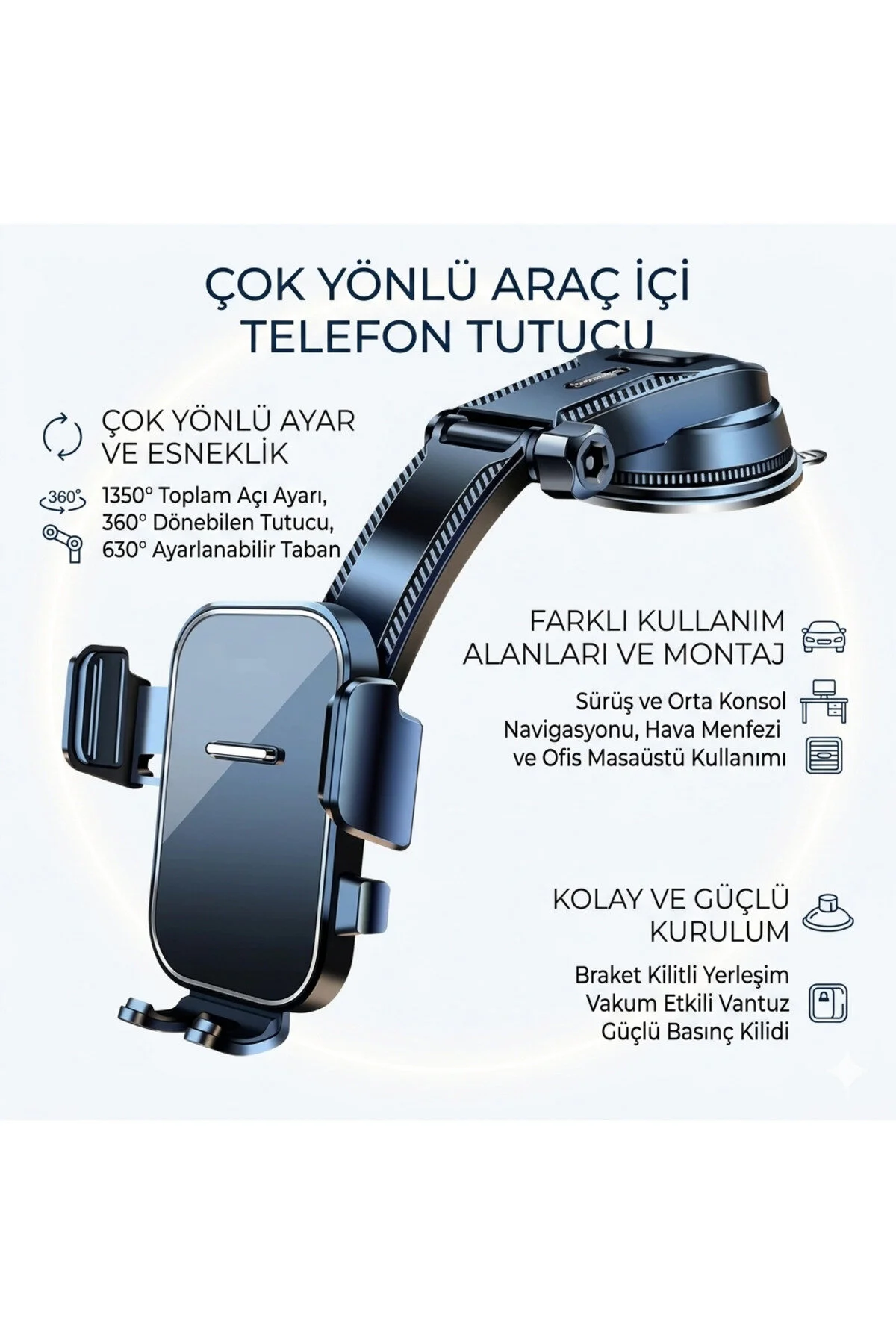 360 Dönebilen 1350 Ayarlanabilir Vantuzlu Araç İçi Telefon Tutucu 1