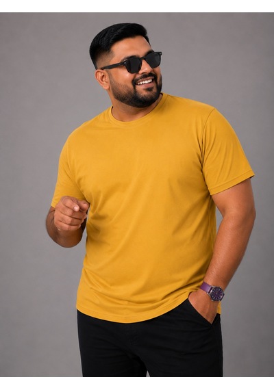 Yuvarlak Yaka Erkek Battal Düz Renk Pamuklu Basic Tshirt Hardal