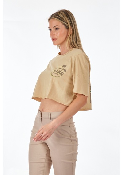 Only Sıfır Yaka Bej Kadın Crop T-shirt 15290663 001