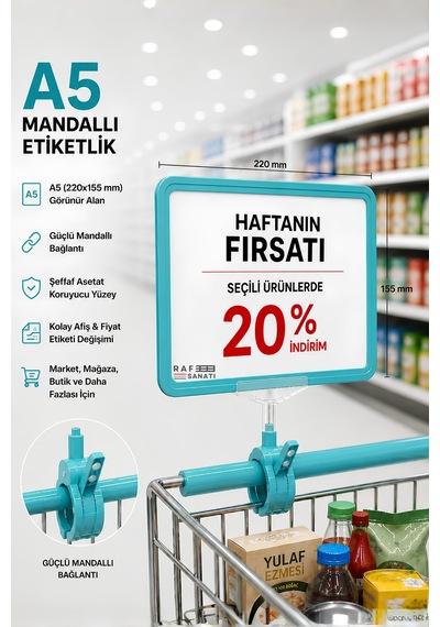 A5 Mandallı Etiketlik Fiyatlık Sepet Raf Askılık Fiyat Etiketi Çerçeveli Market Mağaza Turkuaz