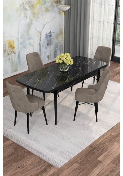 Mona Siyah Mermer 80x132 Açılabilir Mdf Masa Yemek Odası Takımı, Mutfak Takımı 4 Adet Sandalye Siyah Mermer - 4 Cappuccino - Siyah Ayak