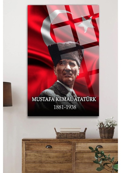 Atatürk Ve Türk Bayrağı 4mm Kırılmaz Yüksek Çözünürlüklü Dikey Cam Tablo