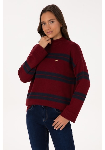 U.S. Polo Assn. Kadın Bordo Balıkçı Yaka Çizgili Kazak 50314666-VR014