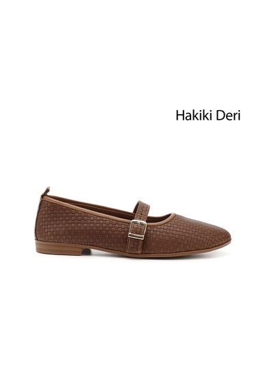 Gönderi(R) Gönderi R Taba Antik Hasır Baskılı Mary Jane Hakiki Deri Babet Taba Antik