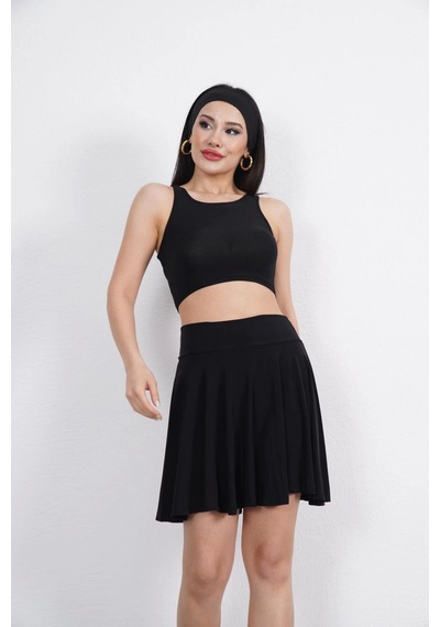 Moda Assema Sendy Kumaş Bisiklet Yaka Crop Şortlu Etek İkili Takım - Siyah Çok Renkli Moda Assema Sendy Kumaş Bisiklet Yaka Crop Şortlu Etek İkili Takım - Siyah Çok Renkli