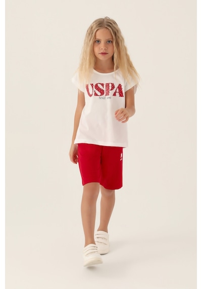 U.S. Polo Assn. Lisanslı Flower Written Kırmızı Kız Çocuk Bermuda Takım 5274-43168 Krem - Kırmızı