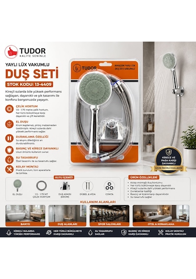 Tudor Tdr-254 Krom Lüks Duş Seti - Metal Yaylı Hortum 150 Cm Ve Mafsallı