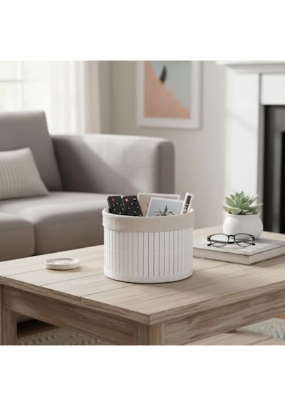Yuvarlak Bambu Düzenleyici Ve Saklama Sepeti Beyaz Ahşap Çıtalı Banyo, Makyaj Ve Ofis Organizeri, Kumaş Astarlı Çok Amaçlı Dekoratif Kutu 18x13 Cm 000 Açık Krem