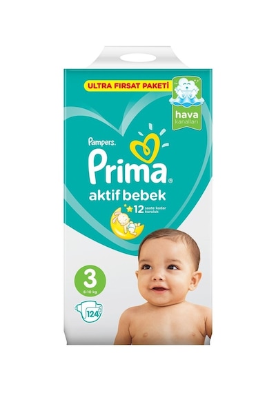 Prima Pampers Aktif Bebek Ultra Fırsat Paketi Midi Bebek Bezi 6-10 KG 3 Beden 124 Adet