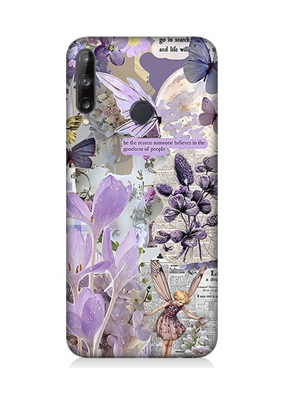 Huawei P40 Lite E Uyumlu Mor Çiçekler Desenli Silikon Kılıf