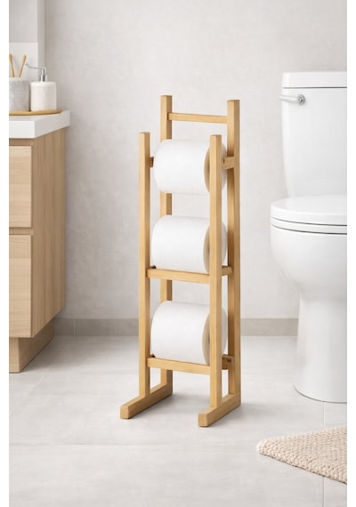 İndecor Houseware Bambu Ahşap Tuvalet Kağıtlığı Yedekli Ayaklı Ahşap Banyo Aksesuarı Wc Kağıtlık,peçetelik