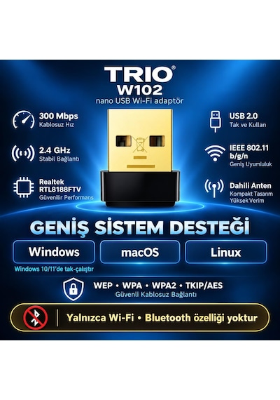 Trıo W102 300 Mbps Usb Wifi Adaptör, Realtek Rtl8188ftv 2.4 Ghz Kablosuz Ağ Adaptörü, 802.11 B/g/n Wifi Dongle, Windows 10/11 Tak Çalıştır