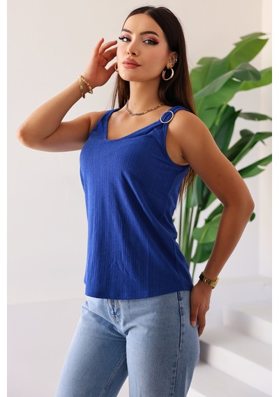 Kadın Mavi Askılı V Yaka Halka Detaylı Şık Bluz, Kadın Bluz Modeli Mavi