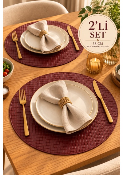 2 Li 38 Cm Yuvarlak Deri Amerikan Servis Supla Örgü Desenli Tabak Altlığı Bordo - 939602924 Bordo