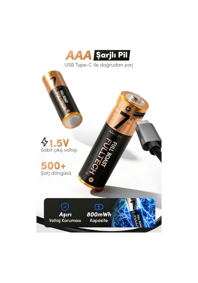 Şarjlı Pil 2 Li Set Aaa Fp29 800mwh 1.5v Type-c Şarjlı Lityum Pil Uzun Ömürlü Hızlı Şarj