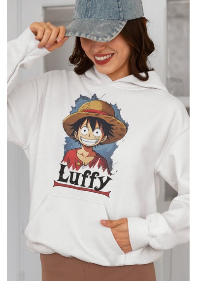 Sevbano Tasarım Monkey D. Luffy Baskılı Unisex Oversize Anime Karakter Ho beyaz