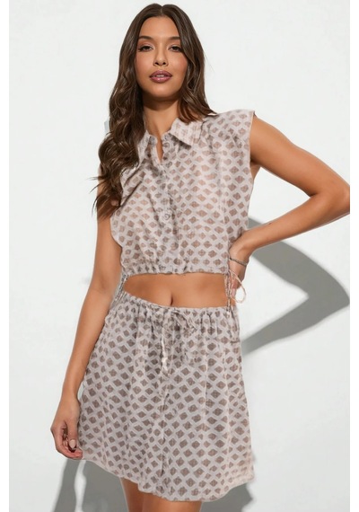 Fashion Cocktail Modern Etnik Desenli Yüksek Bel Mini Etek Ve Bağlamalı Bluz Yazlık İkili Takım Kahve Fashion Cocktail Modern Etnik Desenli Yüksek Bel Mini Etek Ve Bağlamalı Bluz Yazlık İkili Takım Kahve