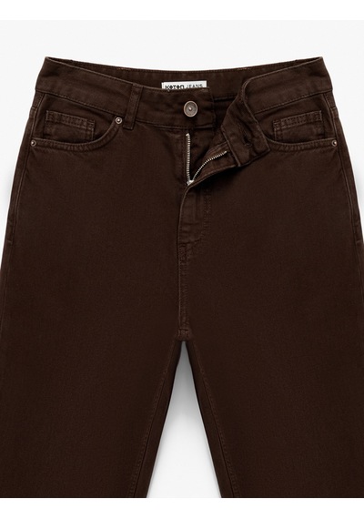 Koton Yüksek Bel Cepli Düğmeli Pamuklu Düz Paça Denim Pantolon - Mom Slim Jean Koyu Kahverengi 6sal40075mw Koyu Kahve