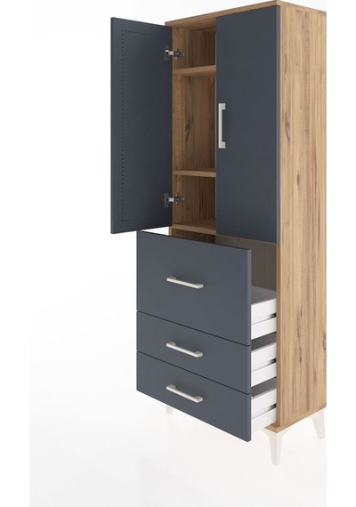 Arges Dolap 3 Raflı 3 Çekmeceli 2 Kapaklı 60x30x163 Çam-antrasit Çam