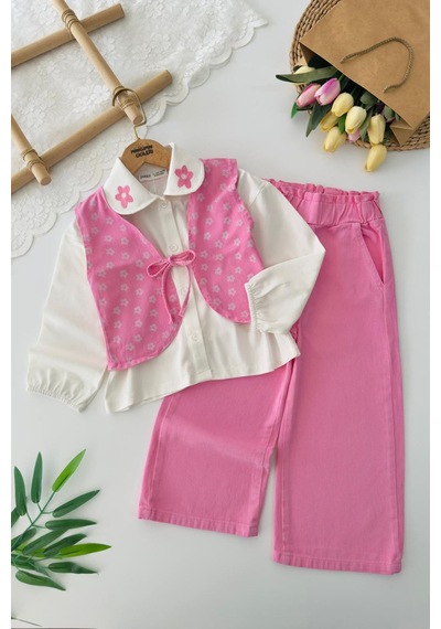 Miniğimin Cicileri Yelekli Çiçek İşleme Detaylı Kız Çocuk 3 Lü Gabardin Takım - Pembe