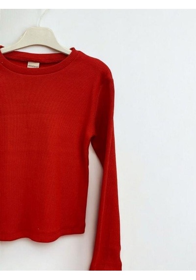 Kız Çocuk Pamuklu Kaşkorse Crop Bluz-14352 Kırmızı