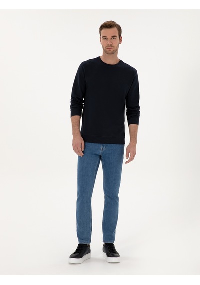 Lacivert Regular Fit %100 Pamuk 3 İplik Bisiklet Yaka Sweatshirt