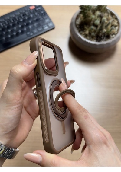 Apple Uyumlu iPhone 14 Pro Standlı Ve Yüzüklü Magsafe Kılıf Soocase721 Kahverengi