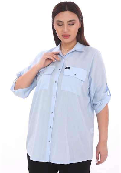Lady Majestic %100 Cotton Büyük Beden Natural Gömlek - Mavi